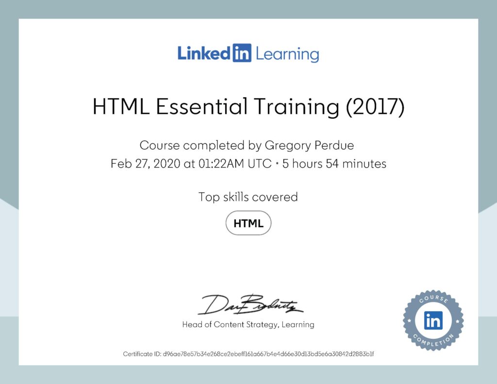 HTML Essential Training 2017 Certificate