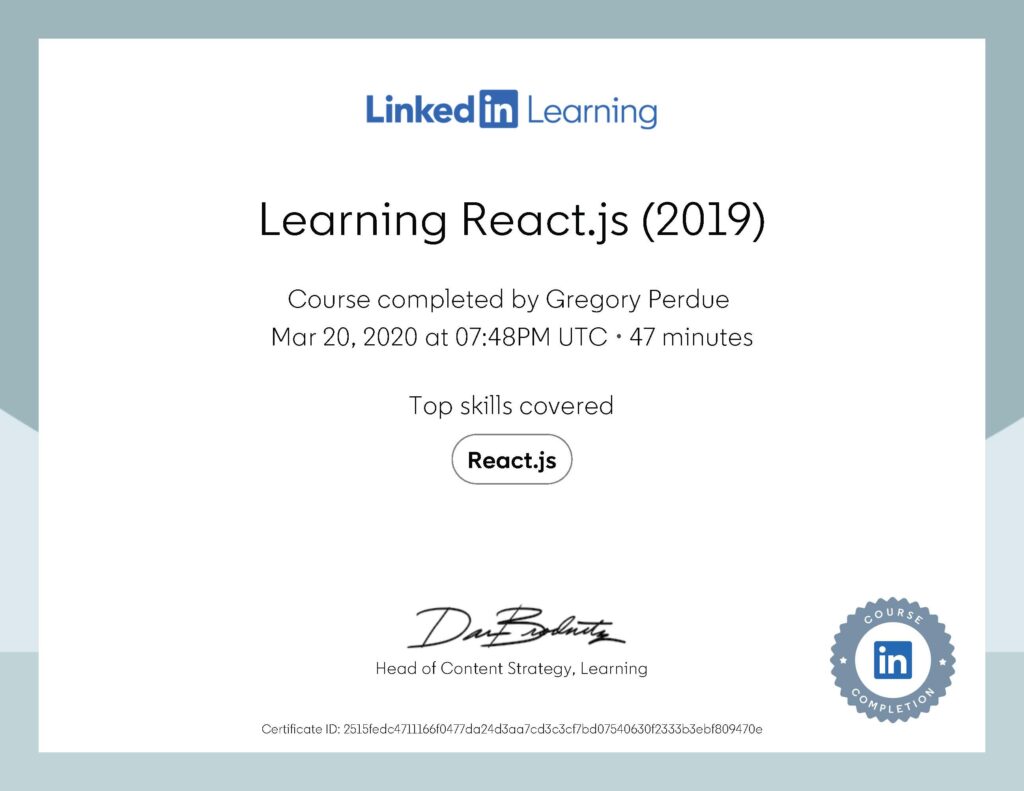 Learning React.js 2019 Certificate