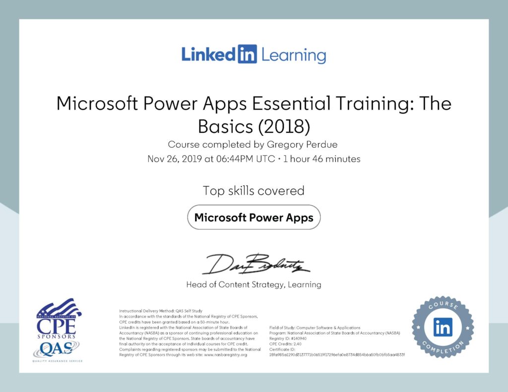 Microsoft Power Apps Essential Training-The Basics 2018 Certificate