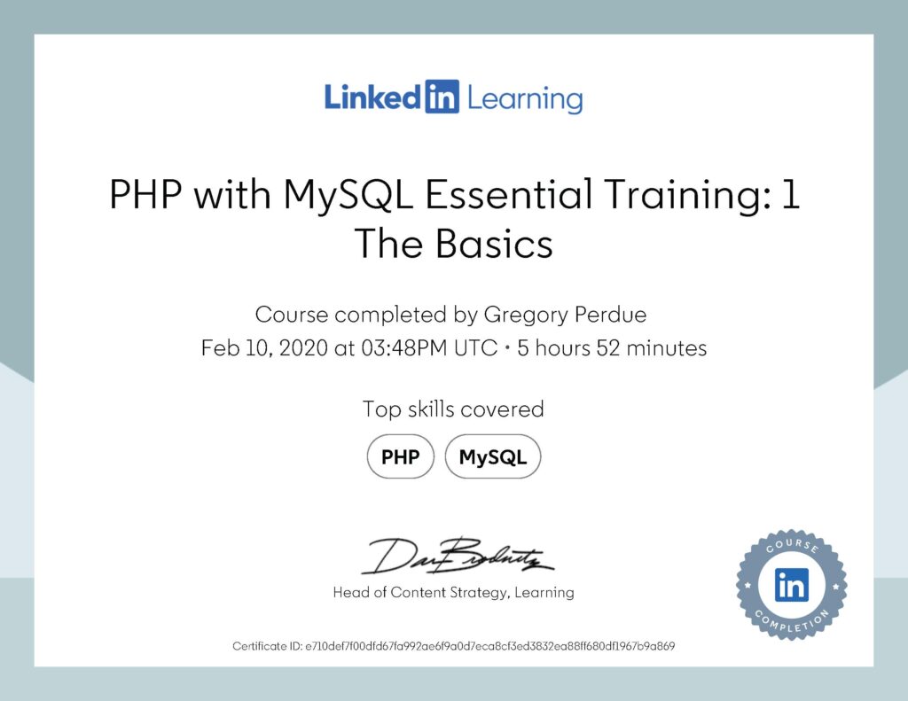 PHP with MySQL Essential Training 1 The Basics Certificate