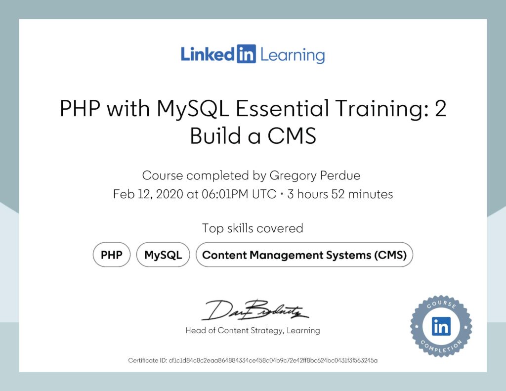PHP with MySQL Essential Training 2 Build a CMS Certificate