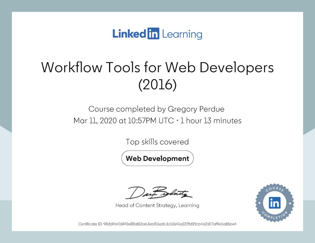 Workflow Tools for Web Developers 2016 Certificate
