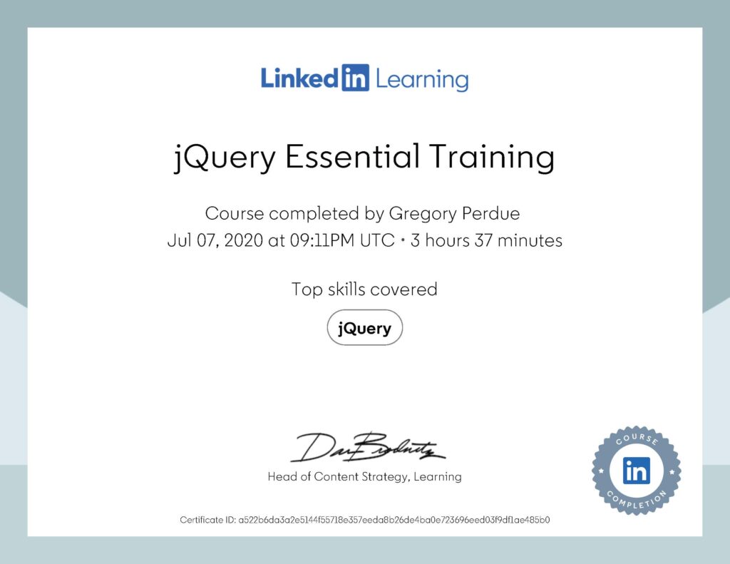 jQuery Essential Training Certificate