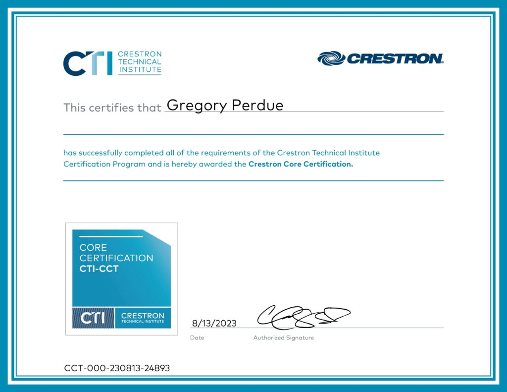 Crestron Core Cert CCT-000-230813-24893 Certification