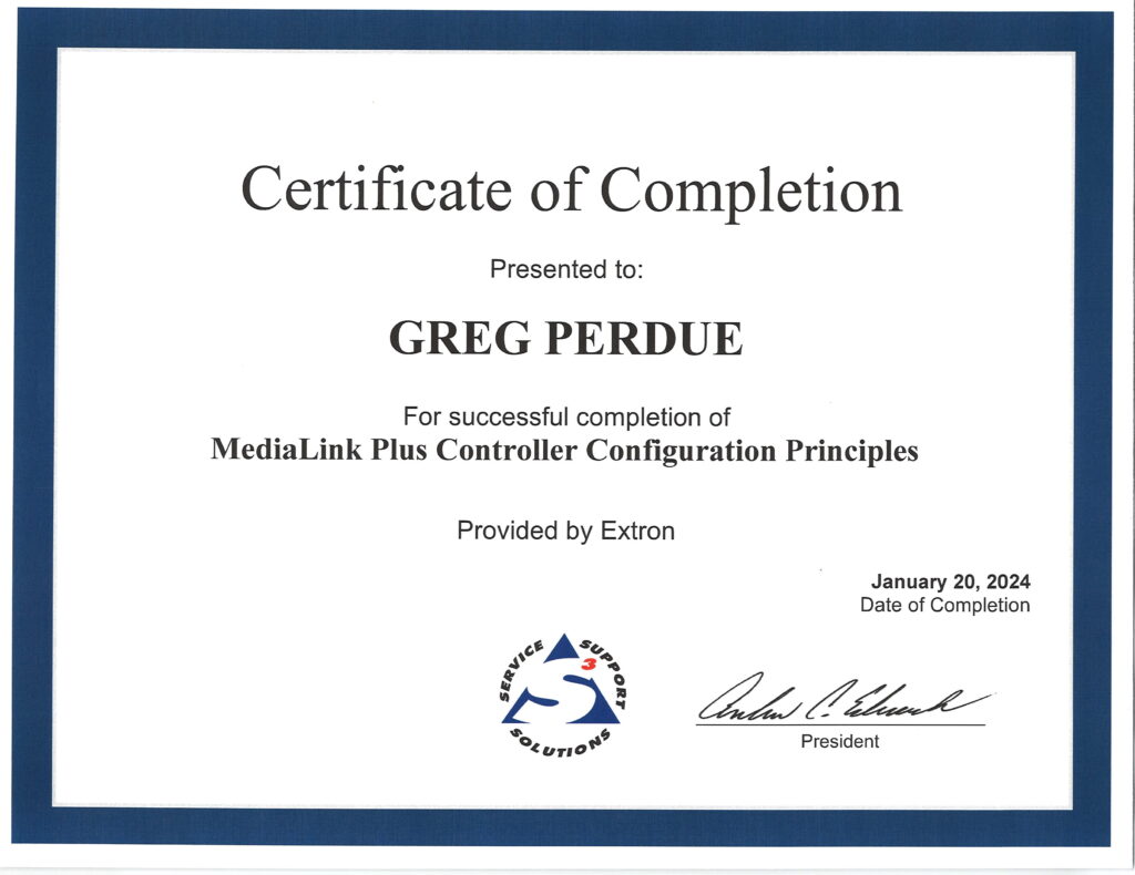 Extron MediaLink Plus Controller Configuration Principles Certificate