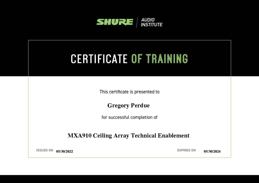 Shure MXA910 Ceiling Array Technical Enablement Certificate