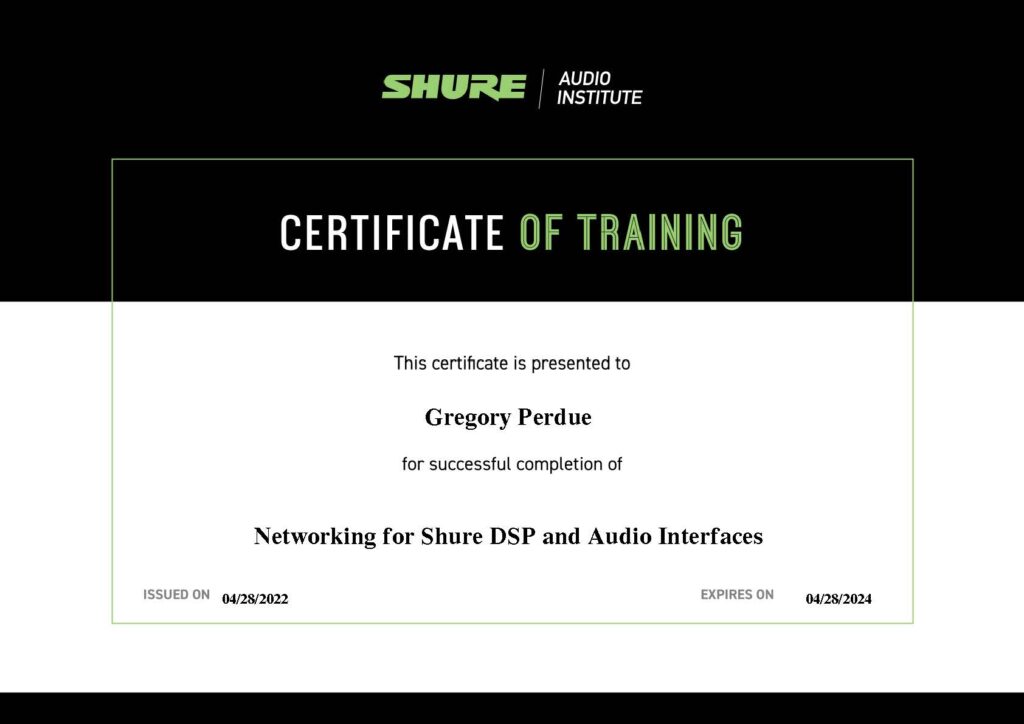 Shure Networking for Shure DSP and Audio Interfaces Certificate